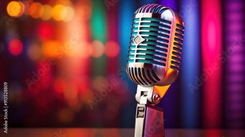 Photograph of a vintage microphone against a vibrant backdrop