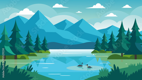 A serene lake surrounded by tall pine trees, with ducks swimming and mountains in the background. Vector illustration 