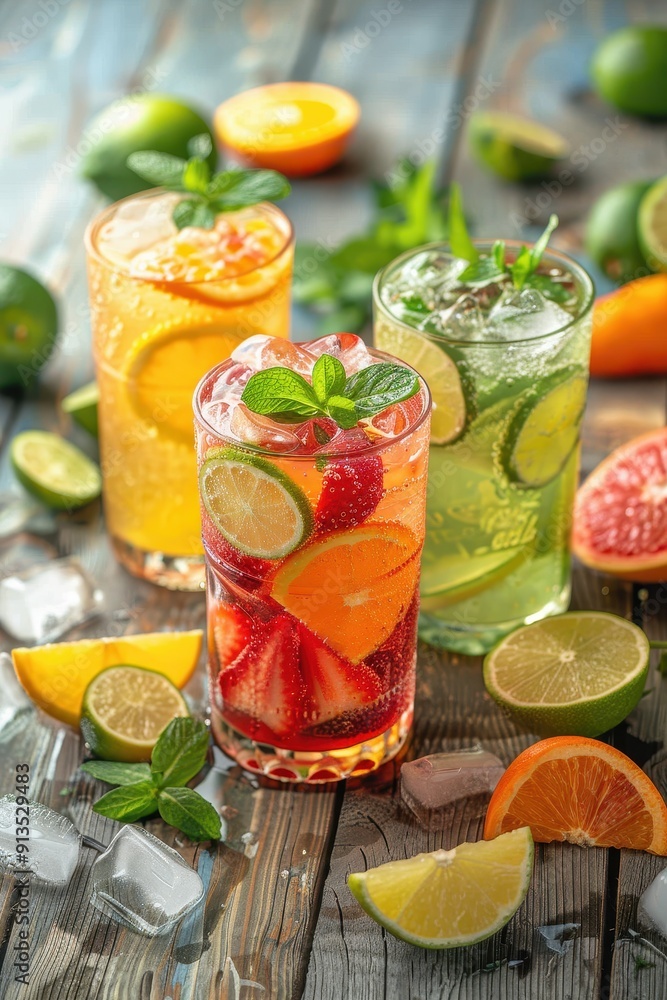 Fototapeta premium Refreshing Summer Citrus Drinks with Fresh Fruits and Ice on Rustic Wooden Table