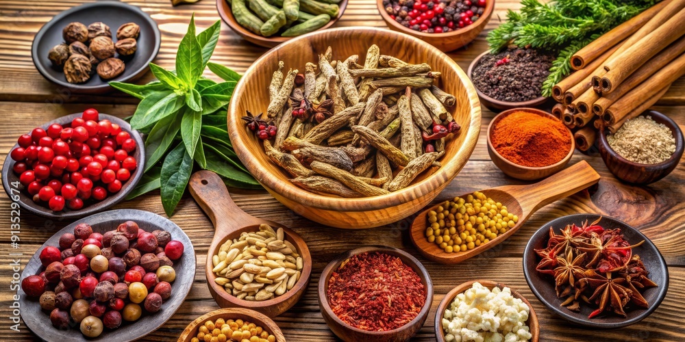 Aromatic Spices and Herbs in Bowls on Wooden Background, Spices, Herbs, Flavors, Cooking , , Aromatic Spices and Herbs in Bowls on Wooden Background, Spices, Herbs, Flavors, Cooking , ,