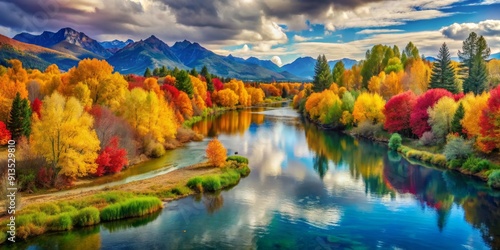 Autumnal River Through Mountain Valley, Watercolor, Colorful Trees, Water Reflection, Mountain Range, Fall foliage, Landscape