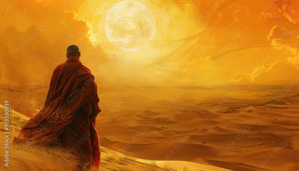 A Monk Contemplates Life at Sunset Over a Vast Desert Landscape A Monk Contemplates Life at Sunset Over a Vast Desert Landscape