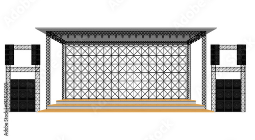 wooden stage and speaker with led screen on the truss system on the white background	
