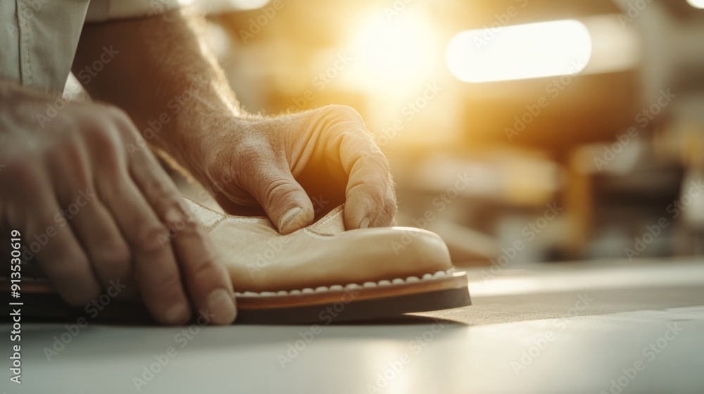 Fototapeta premium A skilled craftsman meticulously hand-stitching leather boots, sunlight streaming through a rustic workshop window, showcasing intricate details