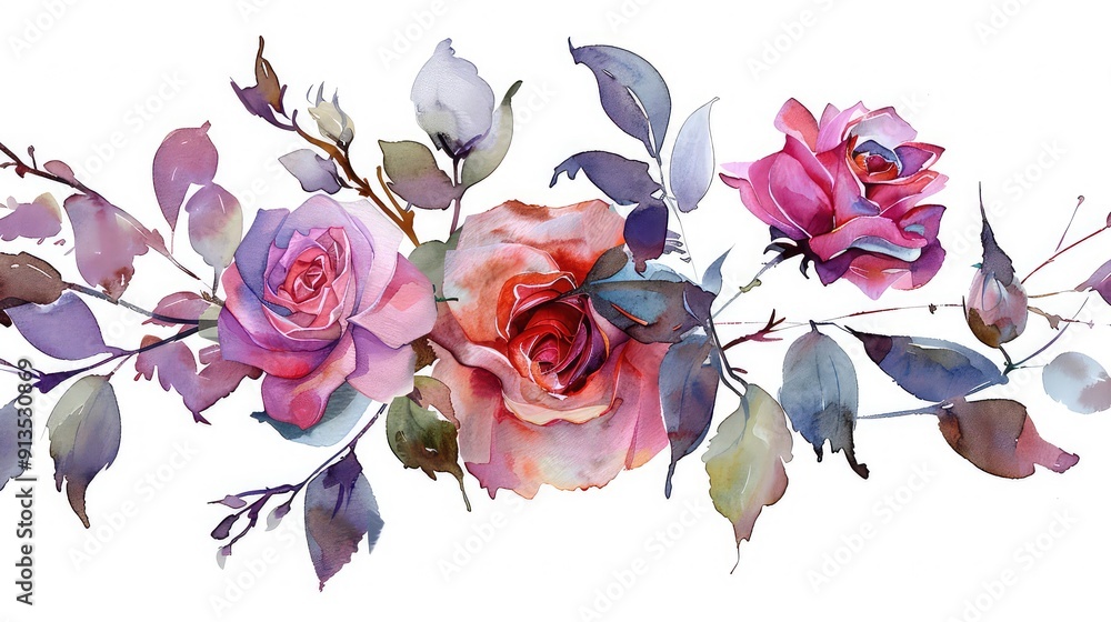 A watercolor painting of a rose branch with three roses in shades of purple, brown, and pink with green leaves. A watercolor painting of a rose branch with three roses in shades of purple, brown, and pink with green leaves.