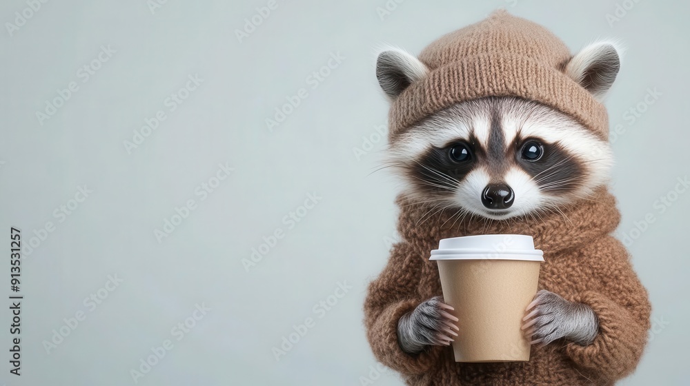 Fototapeta premium A cute raccoon wearing a cozy sweater and hat, holding a coffee cup against a light background, perfect for whimsical designs.