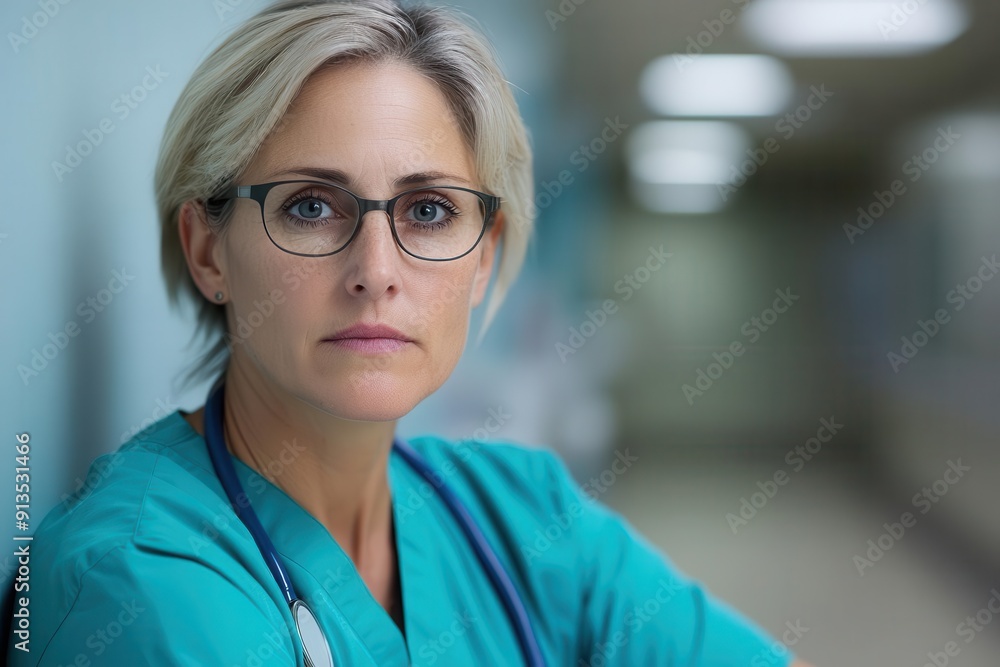 A focused medical professional in scrubs, highlighting determination and care in a healthcare environment. A focused medical professional in scrubs, highlighting determination and care in a healthcare environment.