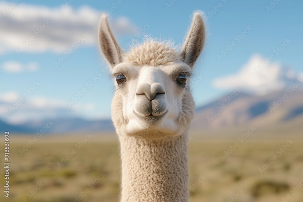 Obraz premium A serene close-up of a llama in the scenic outdoors, showcasing its gentle features and unique expression against a beautiful landscape.
