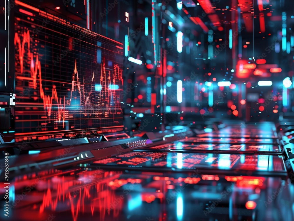 A futuristic stock market featuring volatile holographic charts and a glowing red flag alert A futuristic stock market featuring volatile holographic charts and a glowing red flag alert