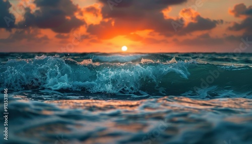 Waves Glistening Under Vibrant Sunset Over Tranquil Ocean Horizon Near Coastal Shoreline