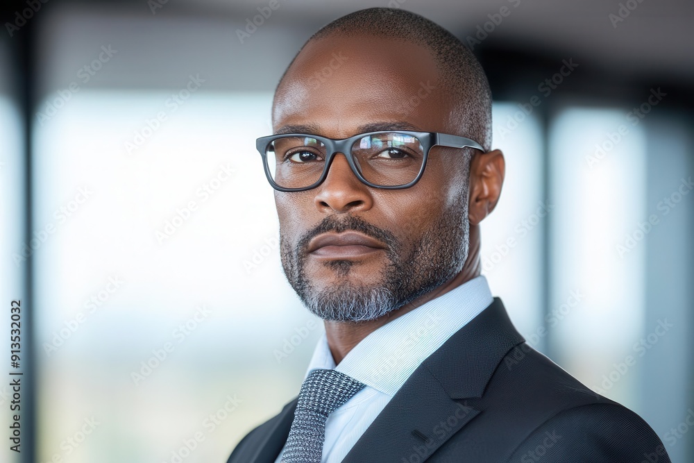 Fototapeta premium Confident businessman wearing glasses, exuding professionalism and charisma in a modern office setting.