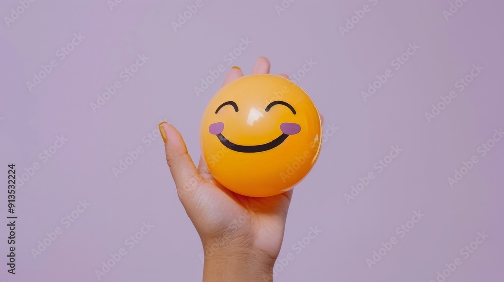 Smiling Emoji Held by a Hand Against a Pastel Purple Background Smiling Emoji Held by a Hand Against a Pastel Purple Background