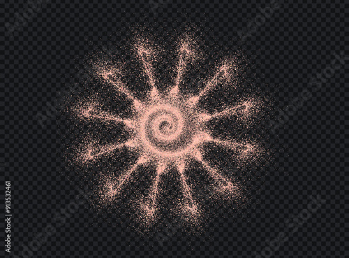 Salt or sugar crystal powder, flying dust particles. Pink dust grain texture isolated on dark background. Crushed granules of sand or himalayan salt in star form. Vector illustration of spilled powder
