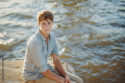 Beige Wall. Young Man in Casual Attire Sitting by Water on a Sunny Day