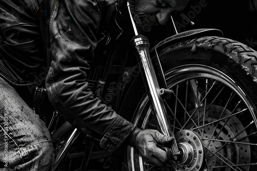 Biker Starting Motorcycle in Classic Black and White. Metal Spoke Wheel with Anti-Theft Lock