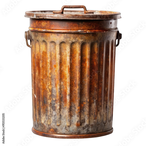 Old rusty metal trash can isolated on transparent background