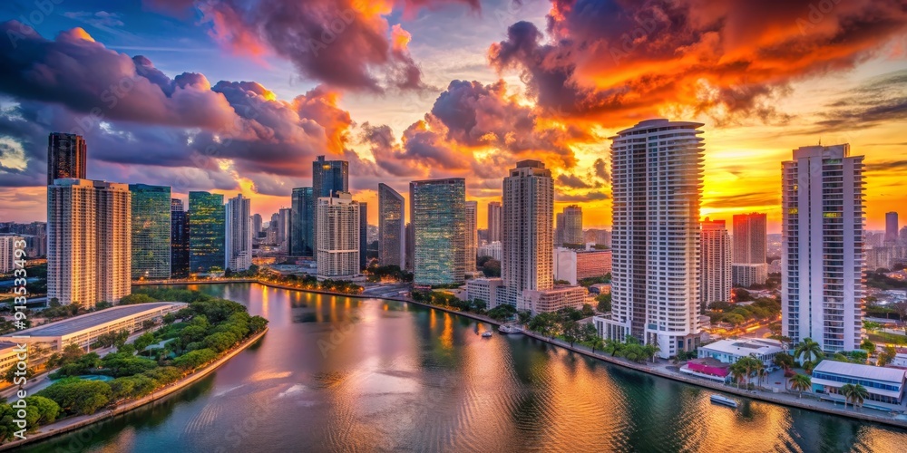 Fototapeta premium Golden Hour Skyscrapers Reflecting in Water, Sunset, Cityscape, Architecture, Skyscraper,