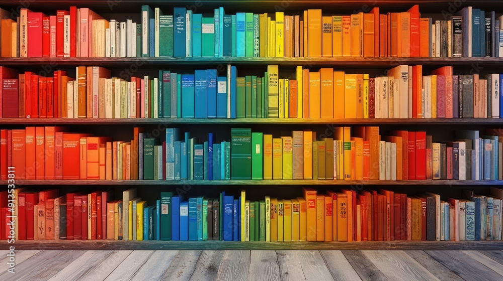 Fototapeta premium Colorful Bookshelf Background With Wooden Floor and Vibrant Design in a Cozy Reading Space
