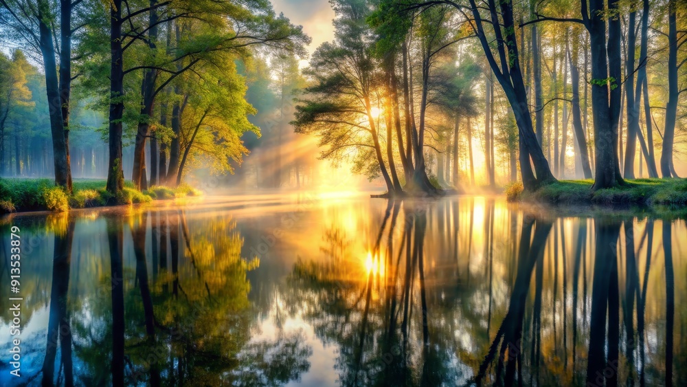 Golden Sunrise Through Misty Forest Reflections, nature, landscape, reflection, mist Golden Sunrise Through Misty Forest Reflections, nature, landscape, reflection, mist