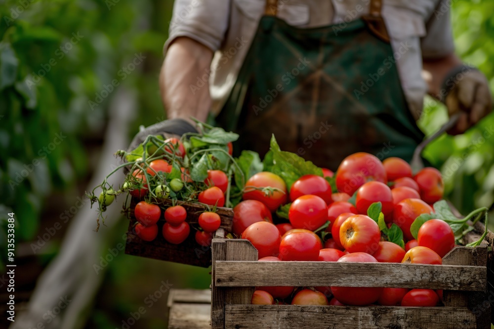 A farmer harvests ripe red tomatoes from a vine into a wooden crate. A farmer harvests ripe red tomatoes from a vine into a wooden crate.