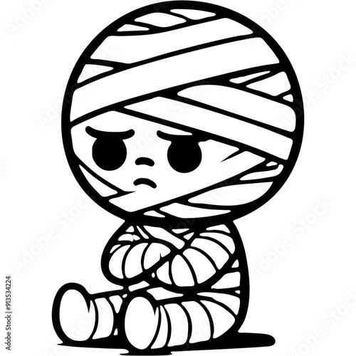 Child dressed in mummy costume offended by parents in monochrome. Simple minimalistic vector in black ink drawing on transparent background