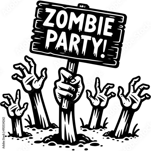 Zombie hands stick out of the ground and hold a wooden sign that says Zombie Party in monochrome. Simple minimalistic vector in black ink drawing on transparent background