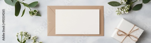A minimalist flat lay featuring a blank card, envelope, and gift, surrounded by greenery for elegant stationery design.