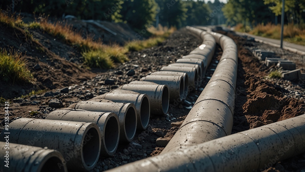 Concrete drainage pipe system installation on road sides for urban water and sewage drainage Concrete drainage pipe system installation on road sides for urban water and sewage drainage