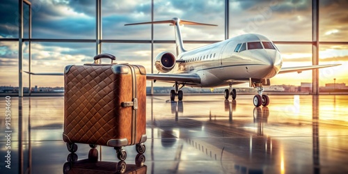 Leather Suitcase Awaits Private Jet Departure, Airport Terminal, Travel, Luxury, Private Jet