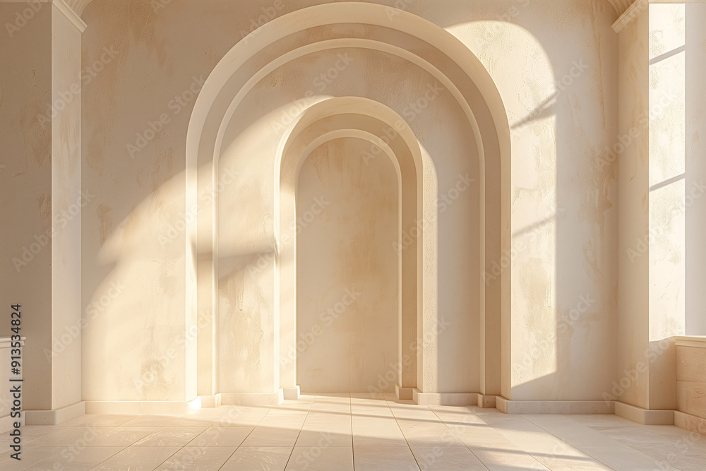 Arched door with light beige background and warm light Arched door with light beige background and warm light