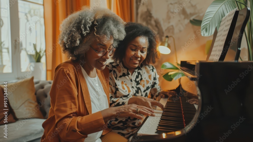 Obraz premium Two women play the piano together, sharing joy and laughter in a warm, inviting space filled with sunlight