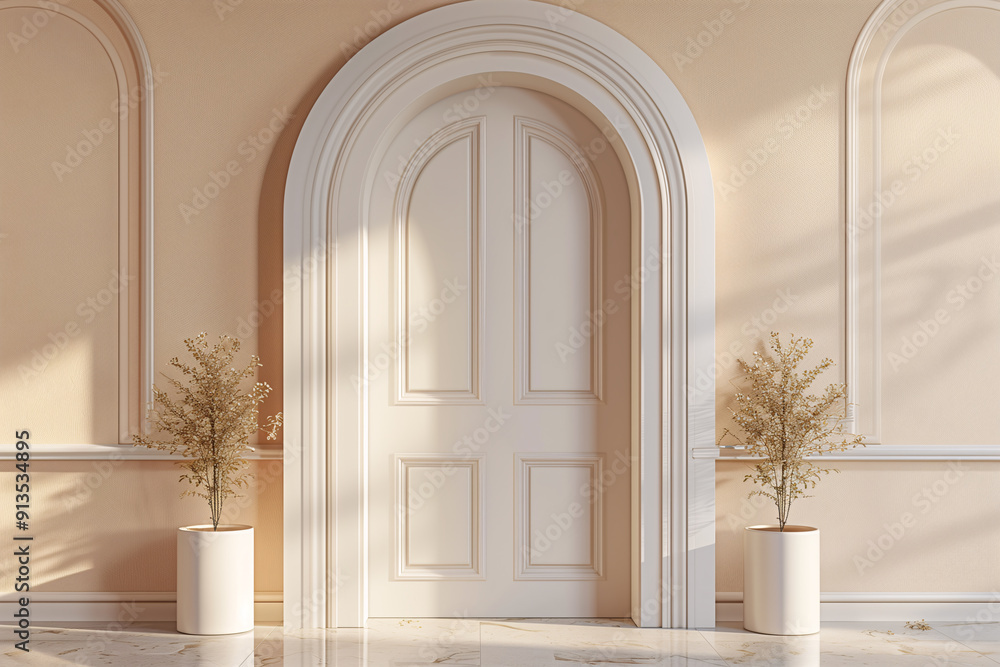 Fototapeta premium Arched door with light beige background and warm light 