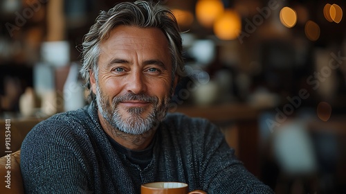  Happy middle aged man holding coffee cup relaxing on couch at home. Smiling mature older man drinking tea looking at camera sitting on cozy sofa chilling in modern kitchen living room. Portrait. 