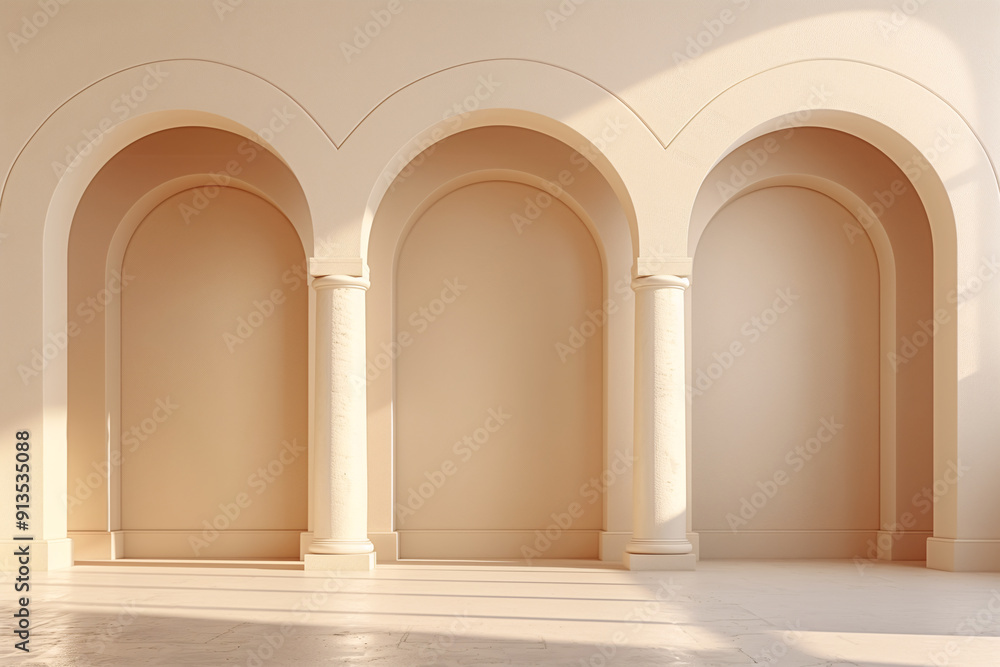 Arched door with light beige background and warm light Arched door with light beige background and warm light