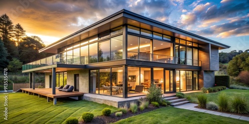 Modern Glass House with Sunset Sky and Lush Landscaping, house , modern , sunset , architecture