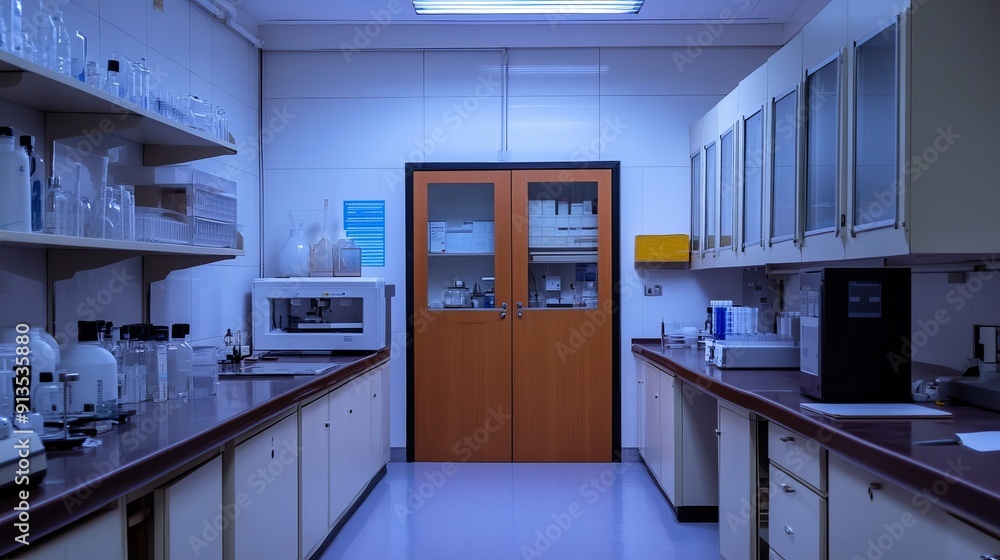 A brown sliding door in a laboratory A brown sliding door in a laboratory
