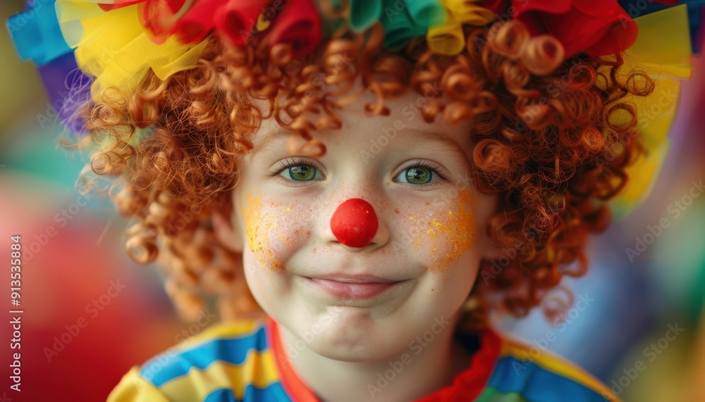 Happy Child Dressed as Colorful Clown With Red Nose at Festive Event in Bright Indoor Setting Happy Child Dressed as Colorful Clown With Red Nose at Festive Event in Bright Indoor Setting