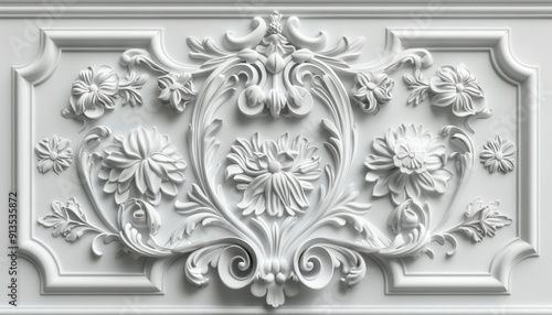 Elegant White Floral Bas-Relief Artwork on Wall Panel Displaying Intricate Design and Craftsmanship in Indoor Space