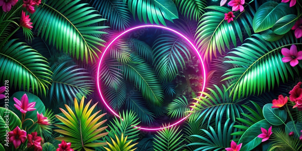 Neon Glow in the Tropical Jungle - Pink Circle , Lush Greenery , Palm Leaves , Tropical Flowers Neon Glow in the Tropical Jungle - Pink Circle , Lush Greenery , Palm Leaves , Tropical Flowers