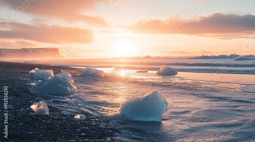 Arctic beach bathed in the last rays of the sun photo