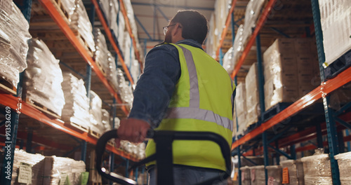 Papier peint Box, storage and man with trolley in warehouse for supply chain, logistics and inventory distribution