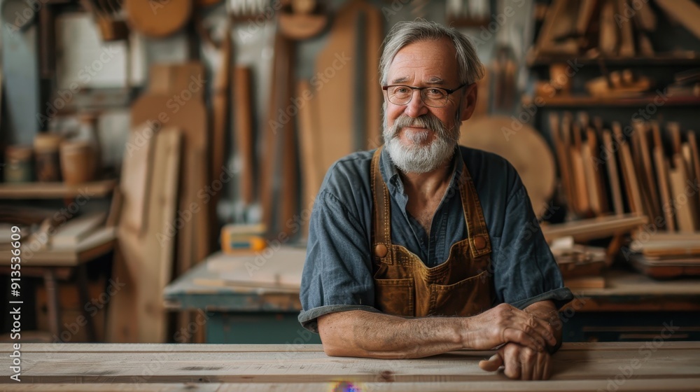 Skilled Elderly Carpenter in Workshop Surrounded by Tools and Woodworking Projects, Wearing Apron and Glasses, Smiling Confidently Skilled Elderly Carpenter in Workshop Surrounded by Tools and Woodworking Projects, Wearing Apron and Glasses, Smiling Confidently