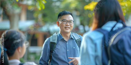 Three young adults engage in a friendly conversation outdoors, creating a positive and casual atmosphere.. asian man