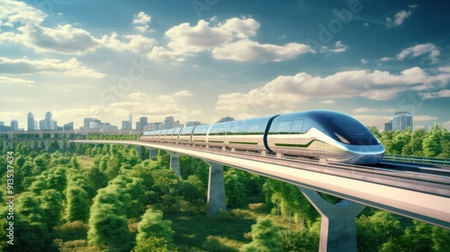 Wallpaper Mural A high-speed maglev train gliding silently along an elevated track over a green landscape, with a city skyline in the distance, emphasizing innovative and eco-friendly transportation solutions. Torontodigital.ca