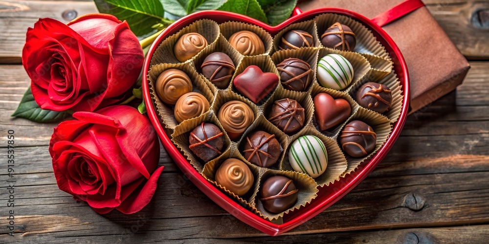 Red Roses and Heart Shaped Box of Chocolates on Rustic Wood, Valentine's Day, Gift, Chocolate, Romance, Red Roses and Heart Shaped Box of Chocolates on Rustic Wood, Valentine's Day, Gift, Chocolate, Romance,
