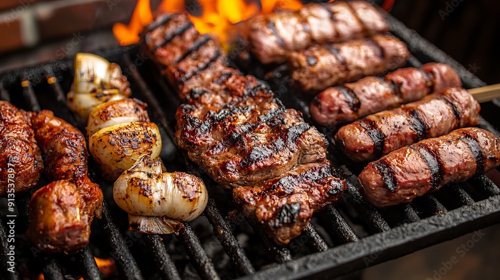 Grilled mixed meats on a barbecue, captured with a shallow depth of field, showcase an assortment of meats including sausages, steaks, and skewers, all perfectly charred and juicy. Grilled mixed meats on a barbecue, captured with a shallow depth of field, showcase an assortment of meats including sausages, steaks, and skewers, all perfectly charred and juicy.