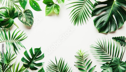 Lush Green Leaves Arrangement on White Background for Interior Design and Decoration Ideas