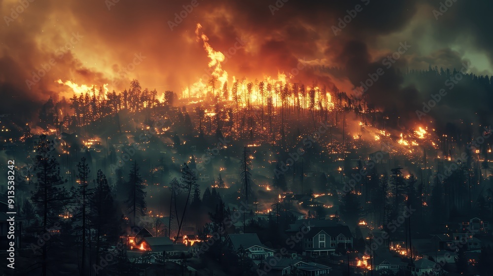 Fototapeta premium Intense Wildfire Raging Through Forest and Residential Area at Night with Dramatic Flames and Smoke