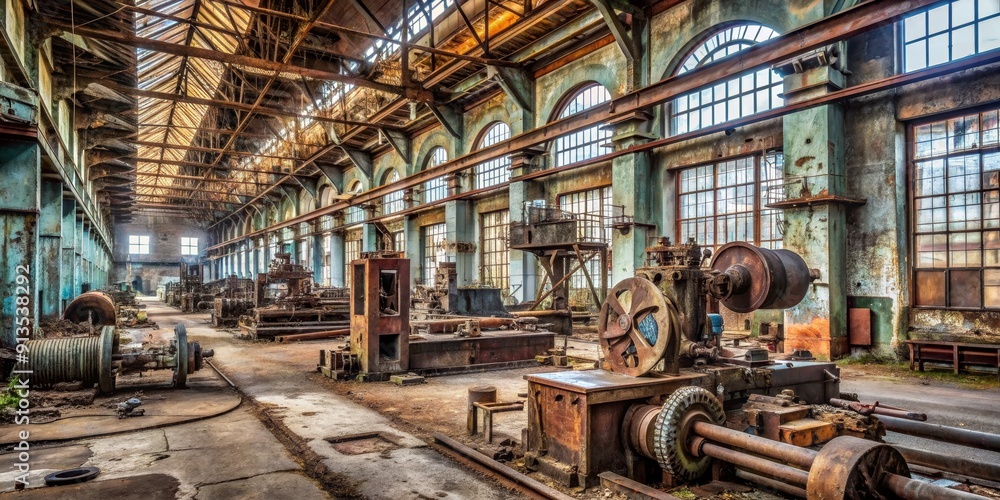 Rusty Remnants of Industrial Past A Wide Shot of a Forgotten Factory with Arched Windows, Industrial Machinery, and a Dusty Floor, abandoned, factory, industrial, machinery Rusty Remnants of Industrial Past A Wide Shot of a Forgotten Factory with Arched Windows, Industrial Machinery, and a Dusty Floor, abandoned, factory, industrial, machinery