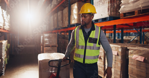 Φωτογραφία Logistics, box and man with trolley in warehouse for supply chain, packaging or inventory distribution